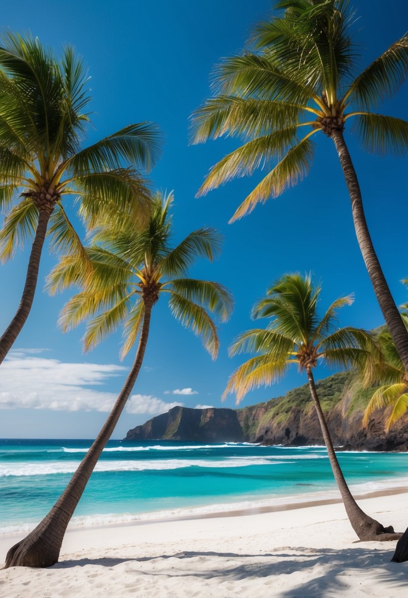 Palm trees sway on white sand, kissed by turquoise waves and a clear blue sky. Volcanic cliffs frame the idyllic beaches of Hawaii