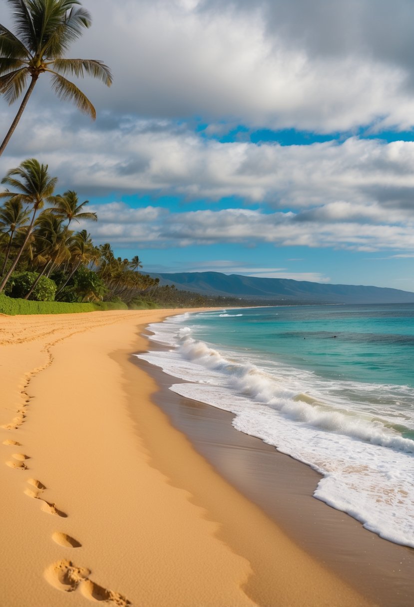 Golden sand stretches along the turquoise water at Kaanapali Beach, with palm trees and lush greenery lining the shore. Waves gently crash against the shore, creating a serene and picturesque scene