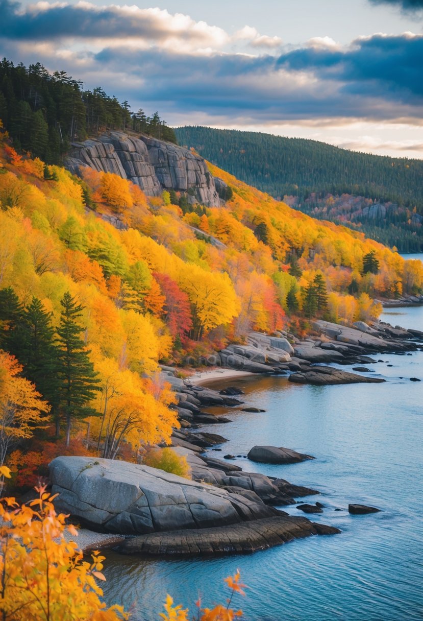 Vibrant fall foliage blankets Acadia National Park, with rocky coastlines and serene lakes, creating a picturesque autumn landscape