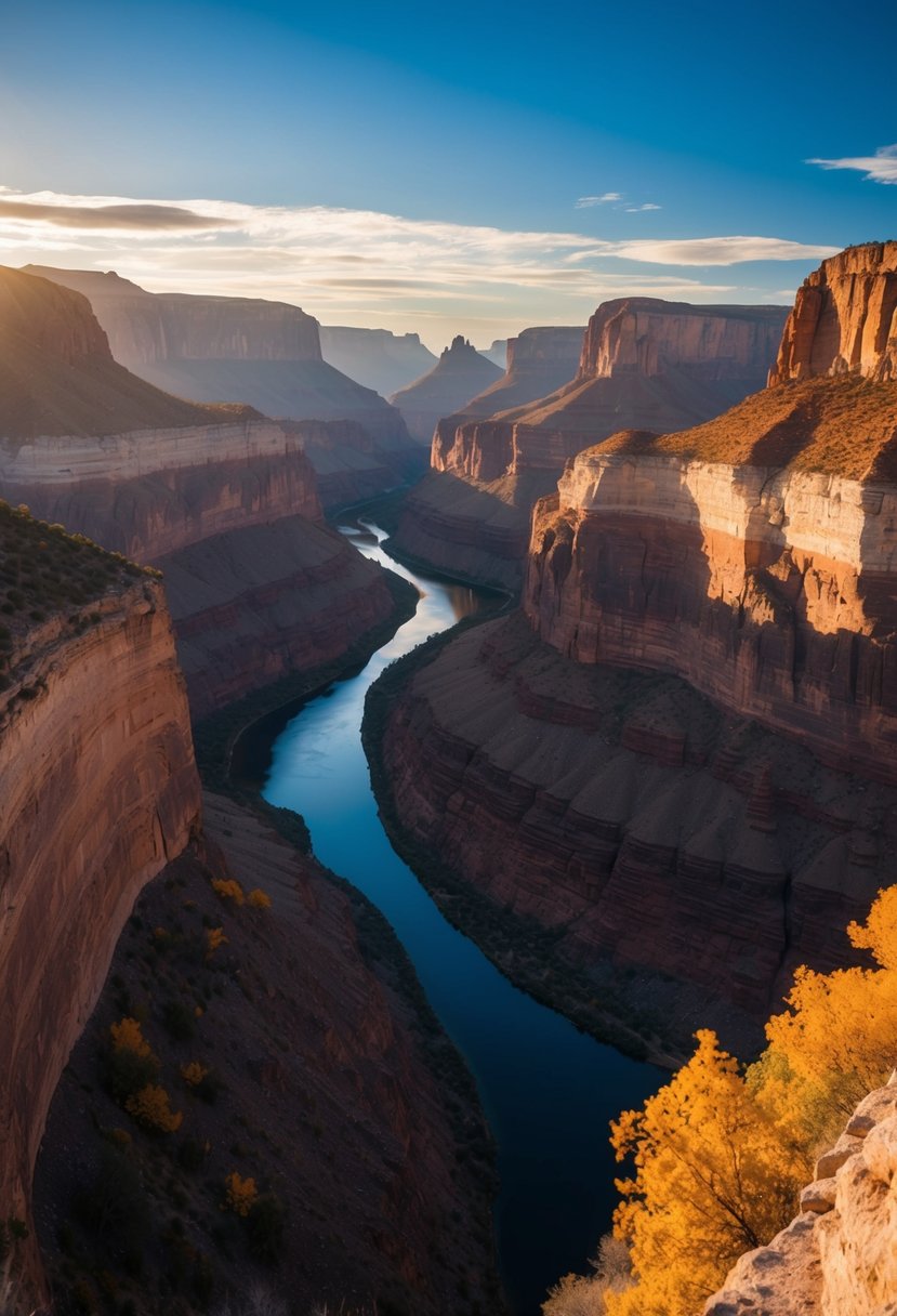 The rugged mountains and winding canyons of Big Bend National Park are bathed in warm October sunlight, with vibrant fall colors painting the landscape