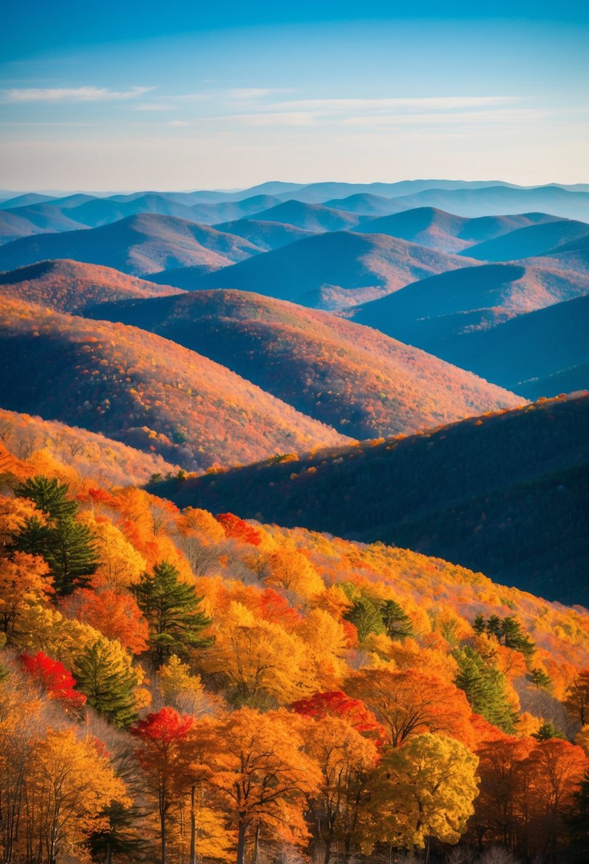 Autumn foliage blankets the rolling hills of Shenandoah National Park, Virginia, with vibrant red, orange, and yellow leaves. The Blue Ridge Mountains provide a stunning backdrop under the clear October sky