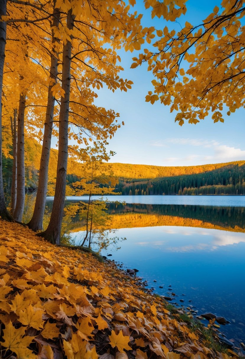 Golden leaves cover the forest floor, with a tranquil lake reflecting the vibrant autumn colors at Voyageurs National Park, Minnesota