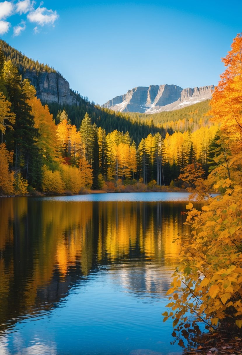 Vibrant fall foliage surrounds a tranquil lake in a national park, with clear blue skies and a distant mountain range in the background