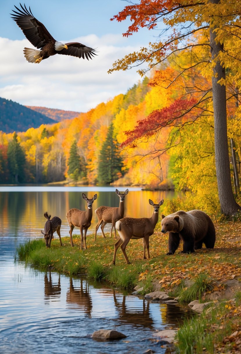 Vibrant fall foliage surrounds a serene lake, where a family of deer grazes peacefully. A bald eagle soars overhead, while a bear fishes in the nearby stream