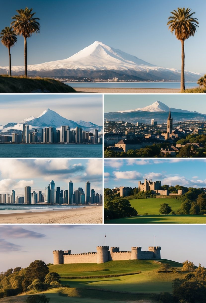 A beach with palm trees, a snowy mountain peak, a bustling city skyline, a serene countryside, and a historic castle on a hill
