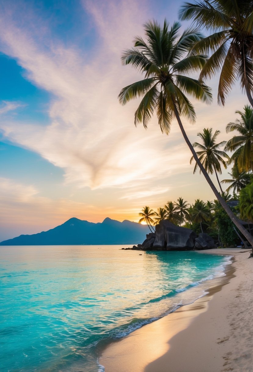 A serene beach with palm trees, crystal-clear turquoise water, and a colorful sunset in Bali, Indonesia