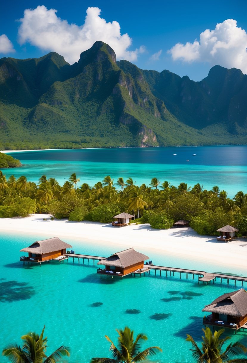 Crystal-clear lagoon with overwater bungalows and lush green mountains in the background. White sandy beaches and palm trees complete the idyllic scene