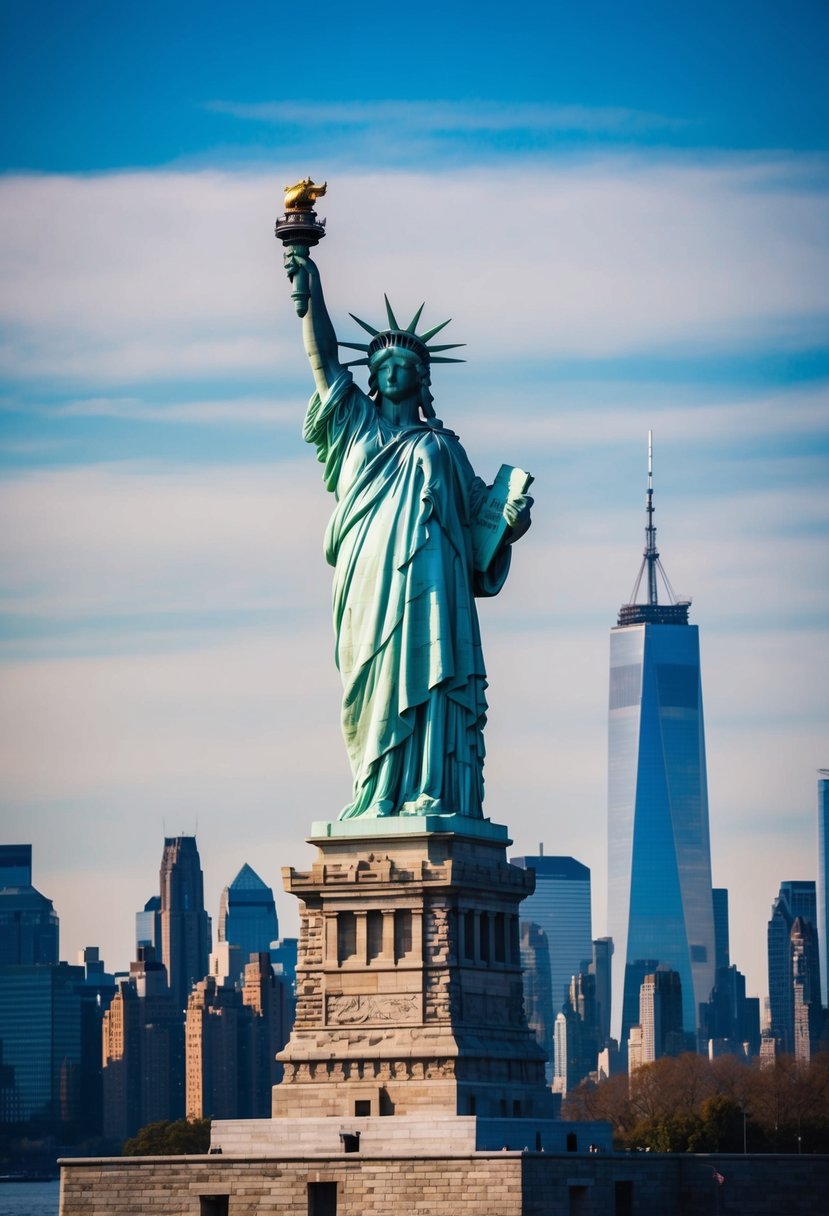 The Statue of Liberty stands tall against the New York City skyline, with its torch held high and a crown on its head