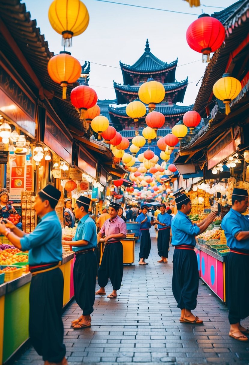 A bustling marketplace with colorful stalls, traditional architecture, and lively street performers