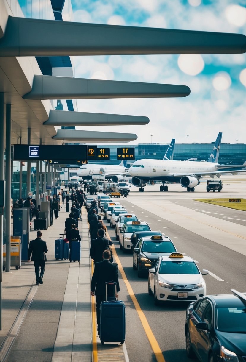 A bustling airport with planes on the runway and passengers boarding. Luggage carts and taxis line up outside the terminal