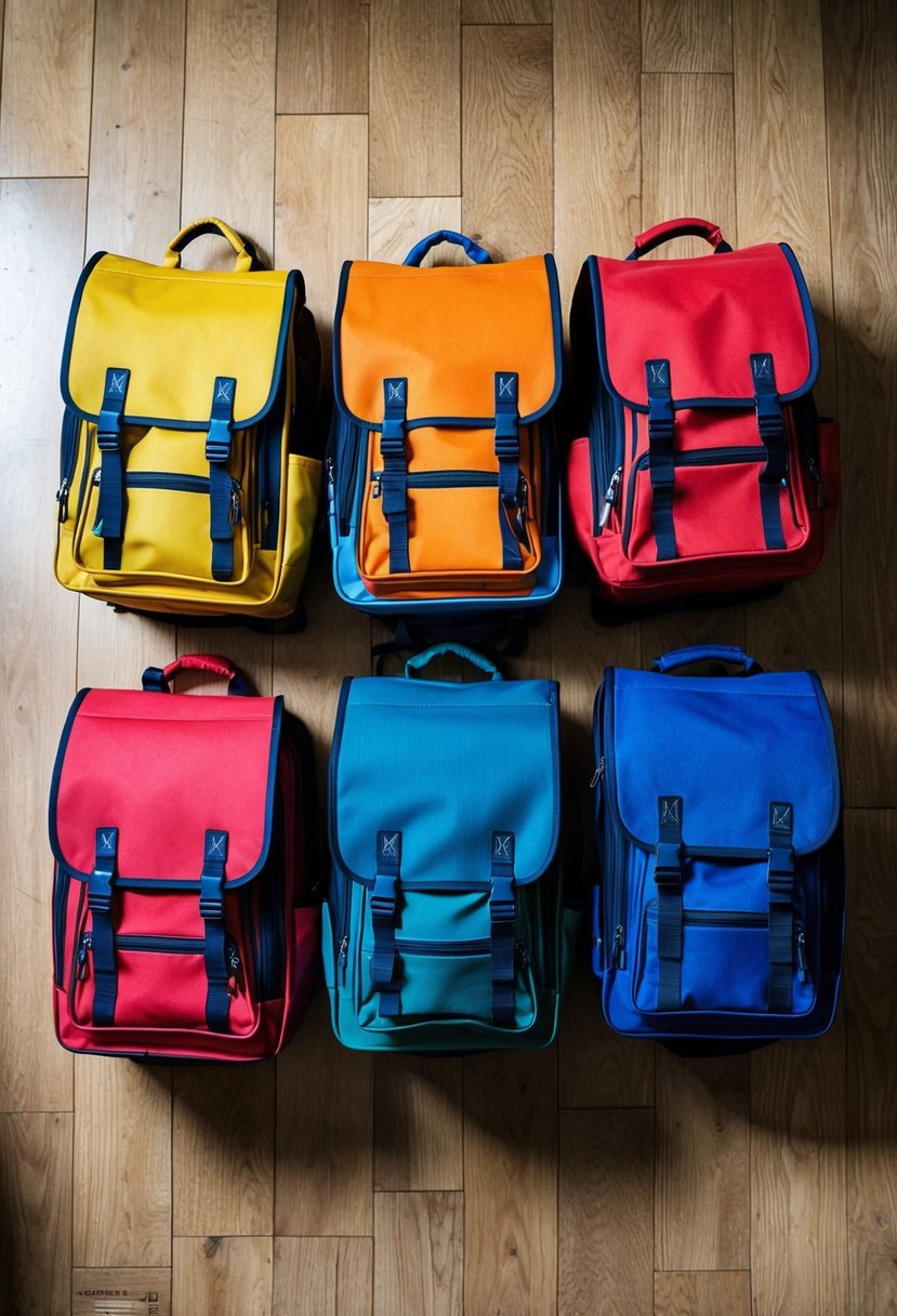 Five colorful school bags arranged in a row on a wooden floor. Each bag is packed and ready for a day of learning