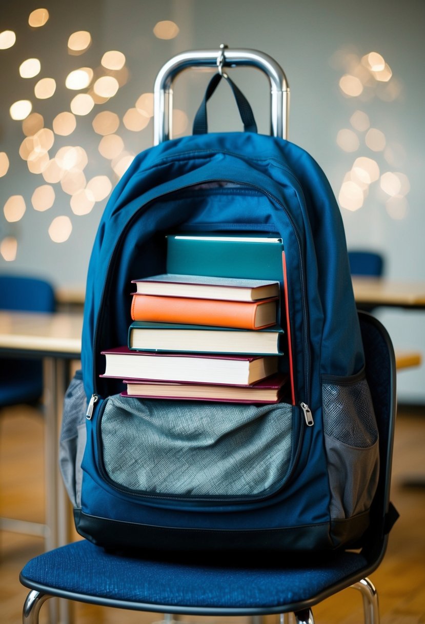 A college student's backpack hanging on a chair, filled with books and a laptop, ready for a day of classes and travel