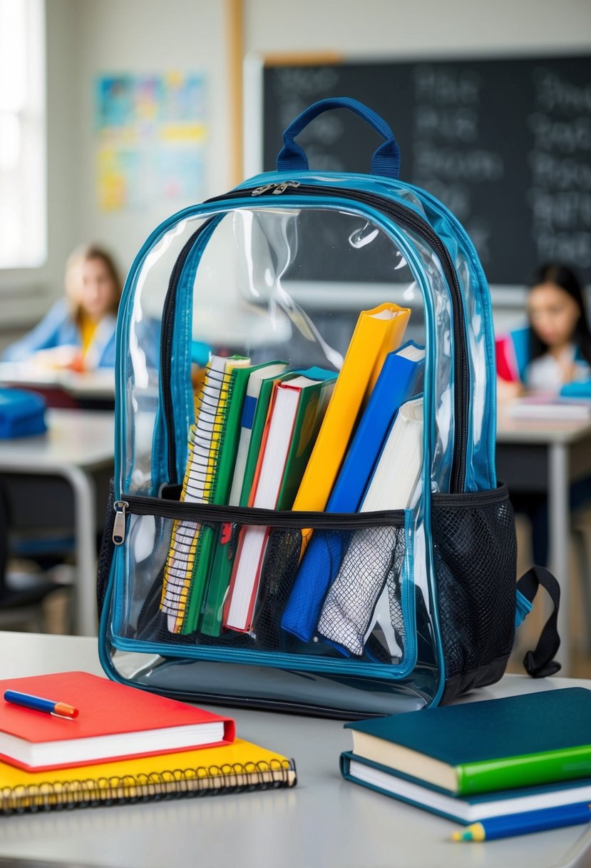 A heavy-duty clear backpack sits on a school desk, filled with books and supplies, ready for travel
