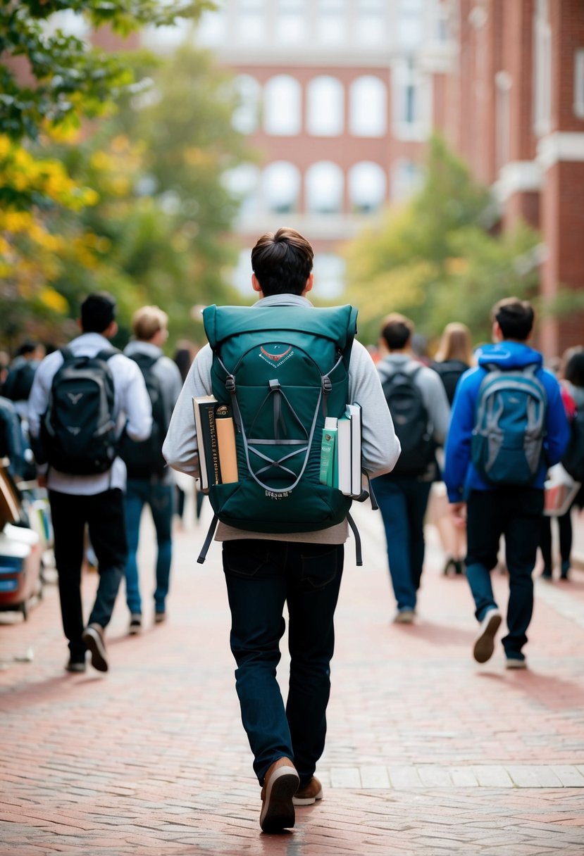 A student walks through a bustling campus, wearing an Osprey Packs Arcane Roll Top Laptop Backpack, filled with books and supplies for the day