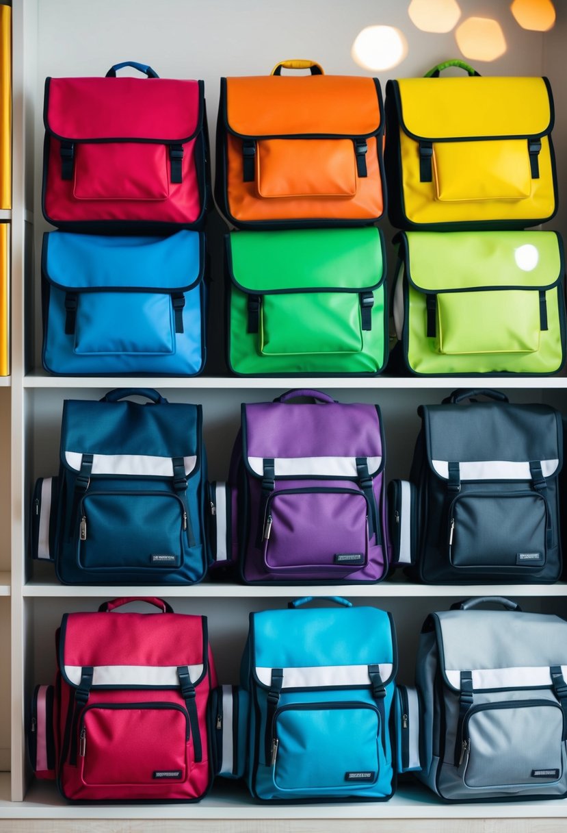 A row of five colorful school bags arranged neatly on a shelf