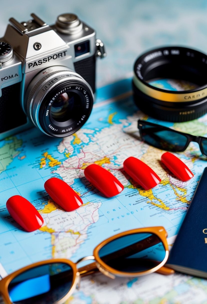 Bright red nails on a map, surrounded by travel essentials like a passport, sunglasses, and a camera