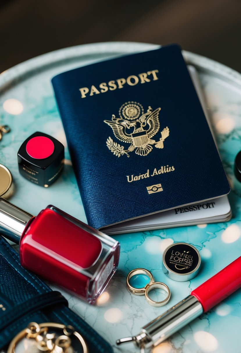 A passport surrounded by travel essentials, with a red nail polish bottle nearby