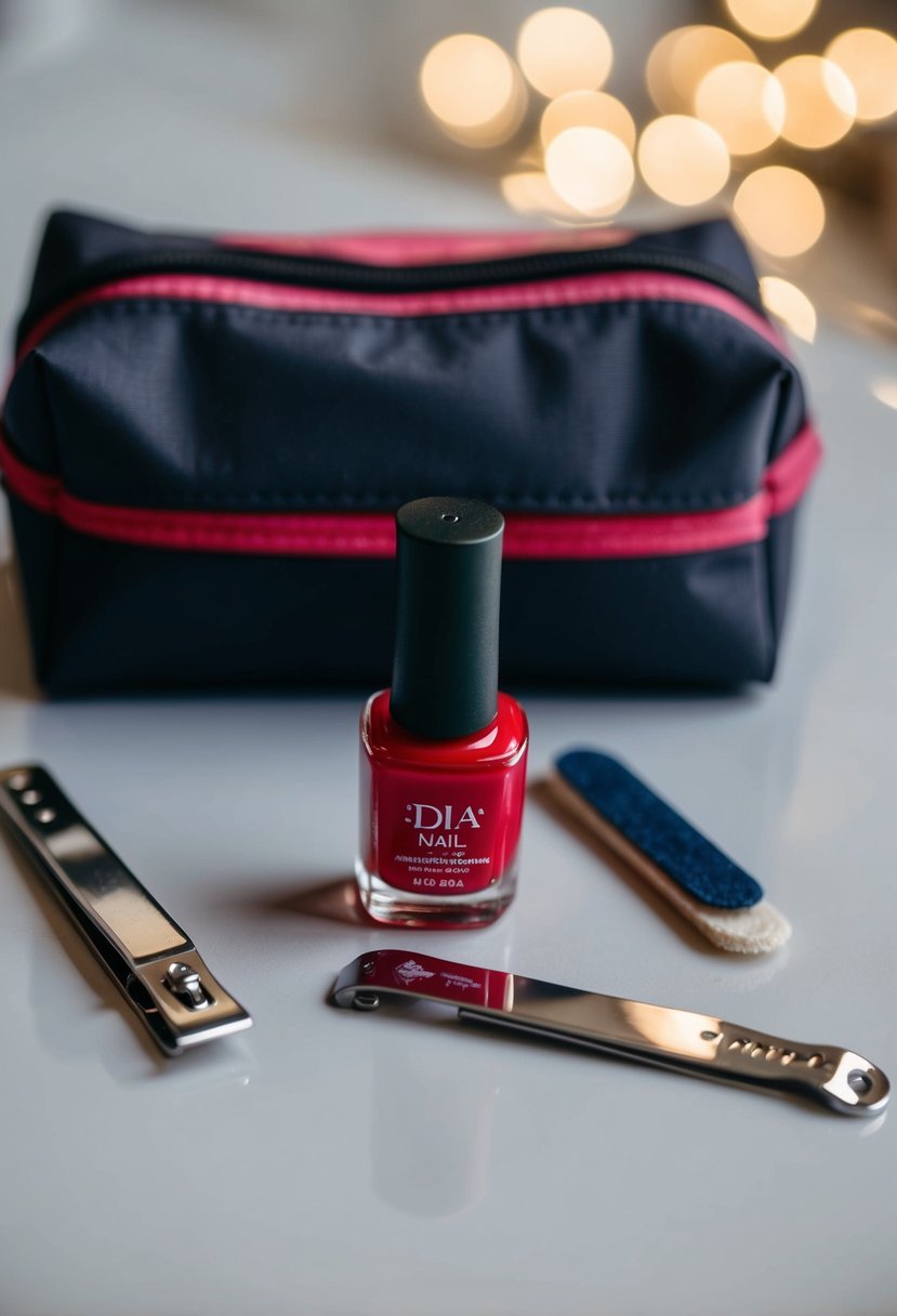 A small bottle of red nail polish, a nail file, and a pair of nail clippers laid out on a travel-sized toiletry bag