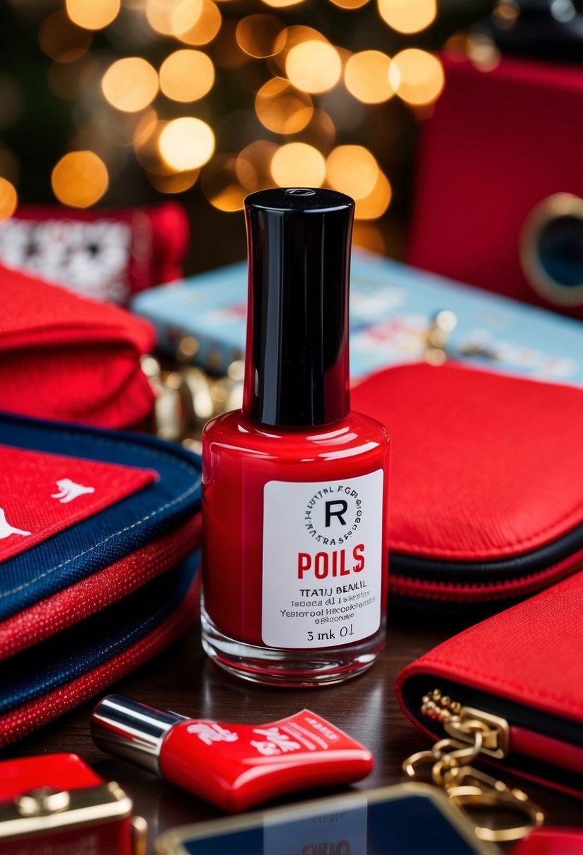 A red nail polish bottle surrounded by travel souvenirs and red-themed accessories
