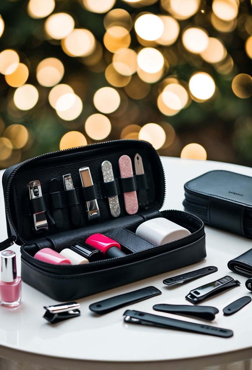 A travel kit open on a table, with nail polish, clippers, file, and other nail care items spread out