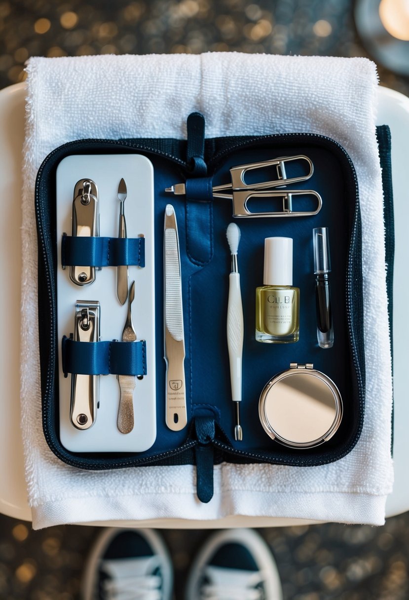 A travel kit with nail clippers, file, cuticle pusher, and polish, laid out on a clean, white towel. A small bottle of nail oil and a compact mirror complete the set