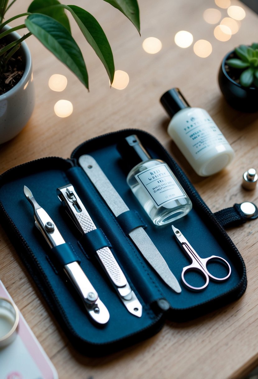 A travel kit containing nail clippers, a nail file, cuticle scissors, and a small bottle of hand sanitizer