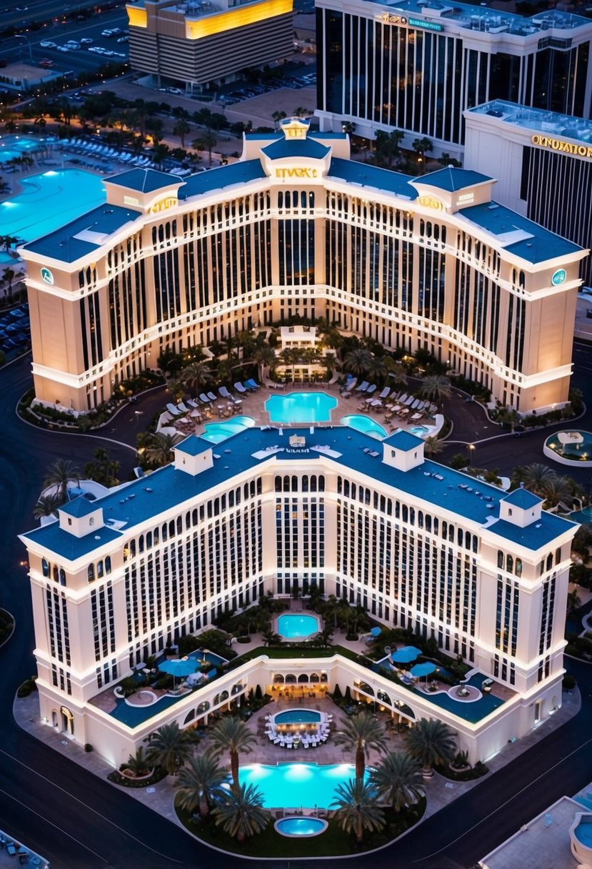 Aerial view of 5 luxury resorts in Las Vegas, surrounded by pools, palm trees, and bright lights