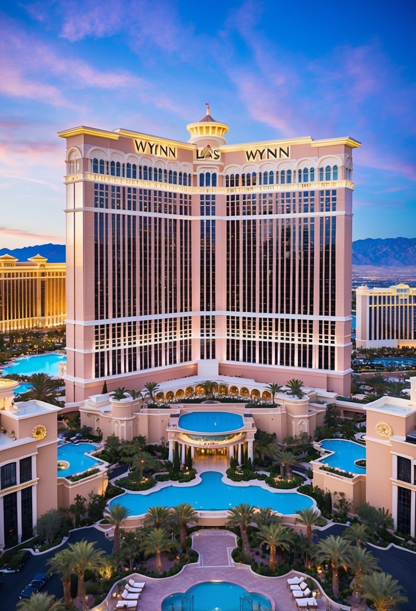 The grand facades of Wynn Las Vegas and its surrounding top resorts rise against the desert backdrop, with lush landscaping and vibrant pools