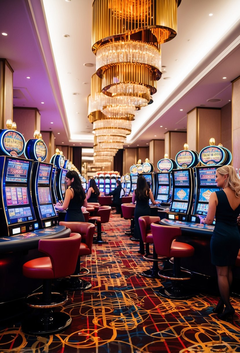 A bustling casino floor with vibrant slot machines, elegant card tables, and stylish cocktail waitresses serving guests at The Cosmopolitan of Las Vegas