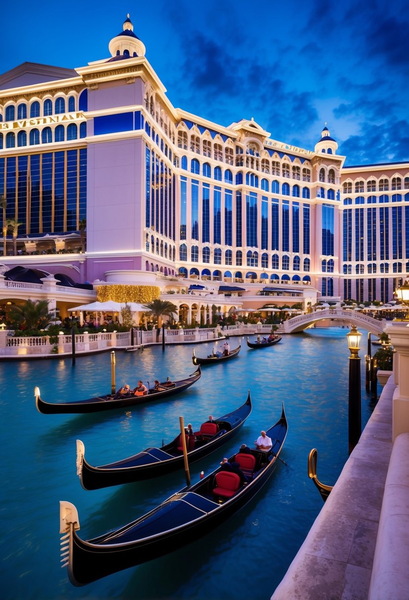 The Venetian Resort: grand facade, gondolas in canal, bustling casino, opulent decor, vibrant nightlife