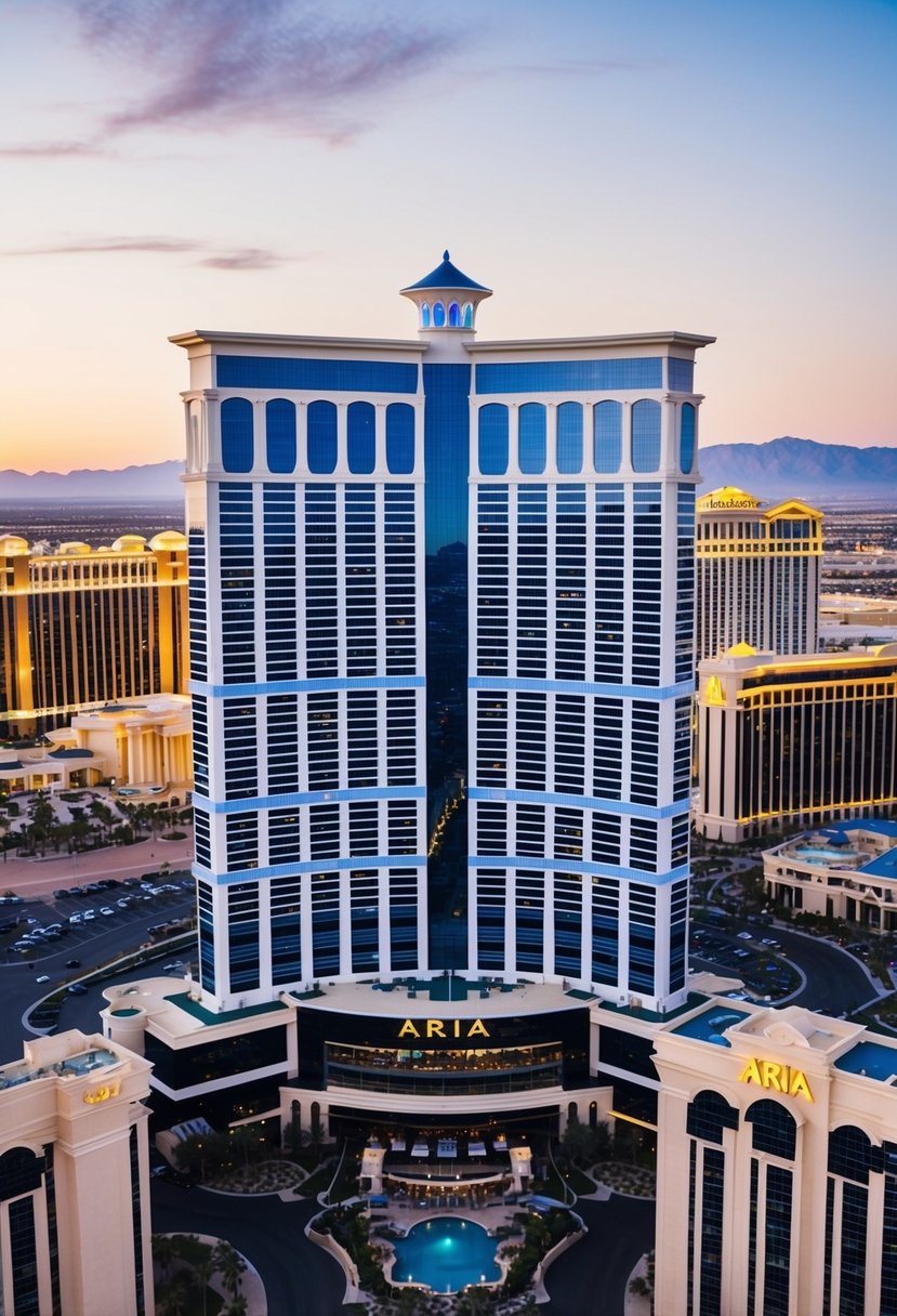 Aerial view of ARIA Resort & Casino surrounded by other luxury resorts in Las Vegas. The sleek, modern architecture stands out against the desert landscape