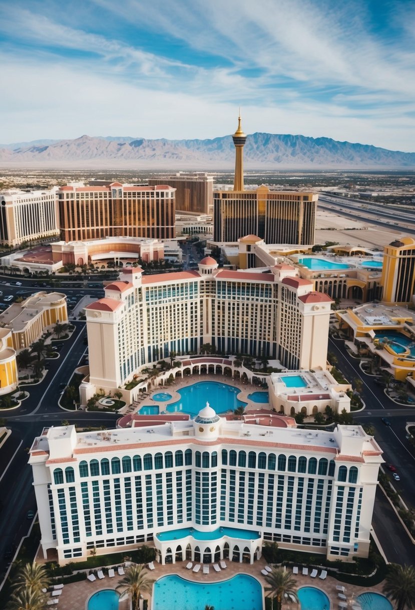 Aerial view of 5 luxurious Las Vegas resorts with pools, spas, and entertainment amenities