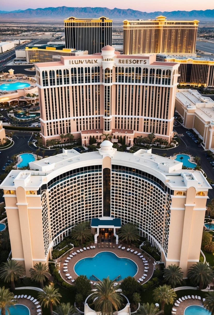 Aerial view of 5 luxurious resorts in Las Vegas, surrounded by pools and palm trees, with easy access to the famous Las Vegas Strip