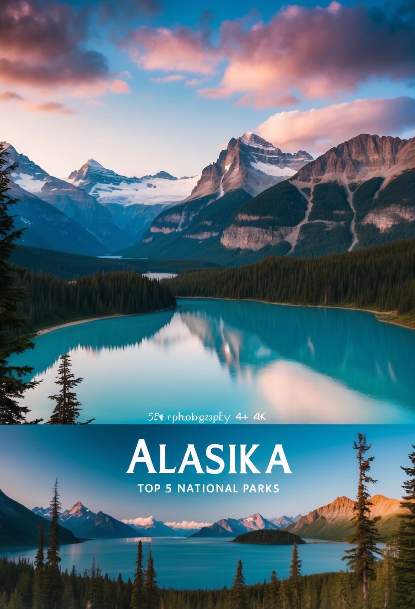 A breathtaking view of Alaska's top 5 national parks, showcasing majestic mountains, pristine lakes, and diverse wildlife