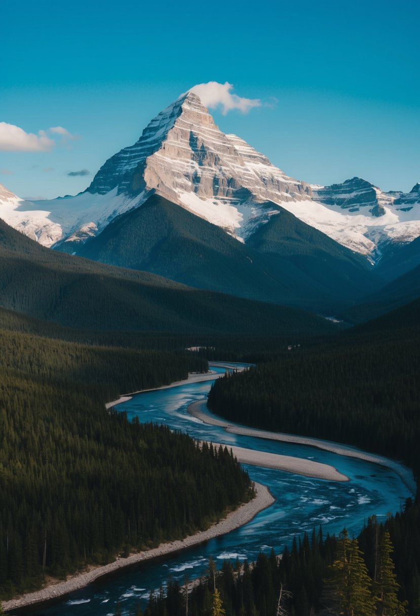 A majestic mountain range looms over a vast, untamed wilderness, with lush forests and winding rivers below. Snow-capped peaks and clear blue skies complete the breathtaking landscape
