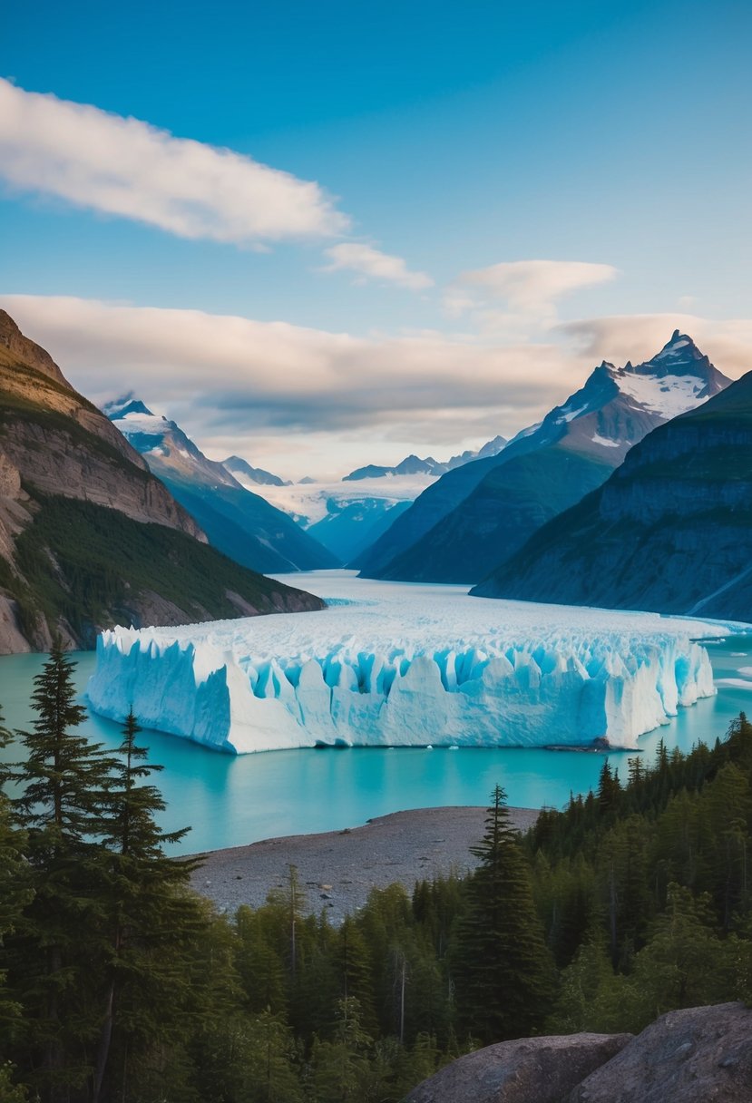 A serene glacier surrounded by rugged mountains and lush forests in Glacier Bay National Park, Alaska