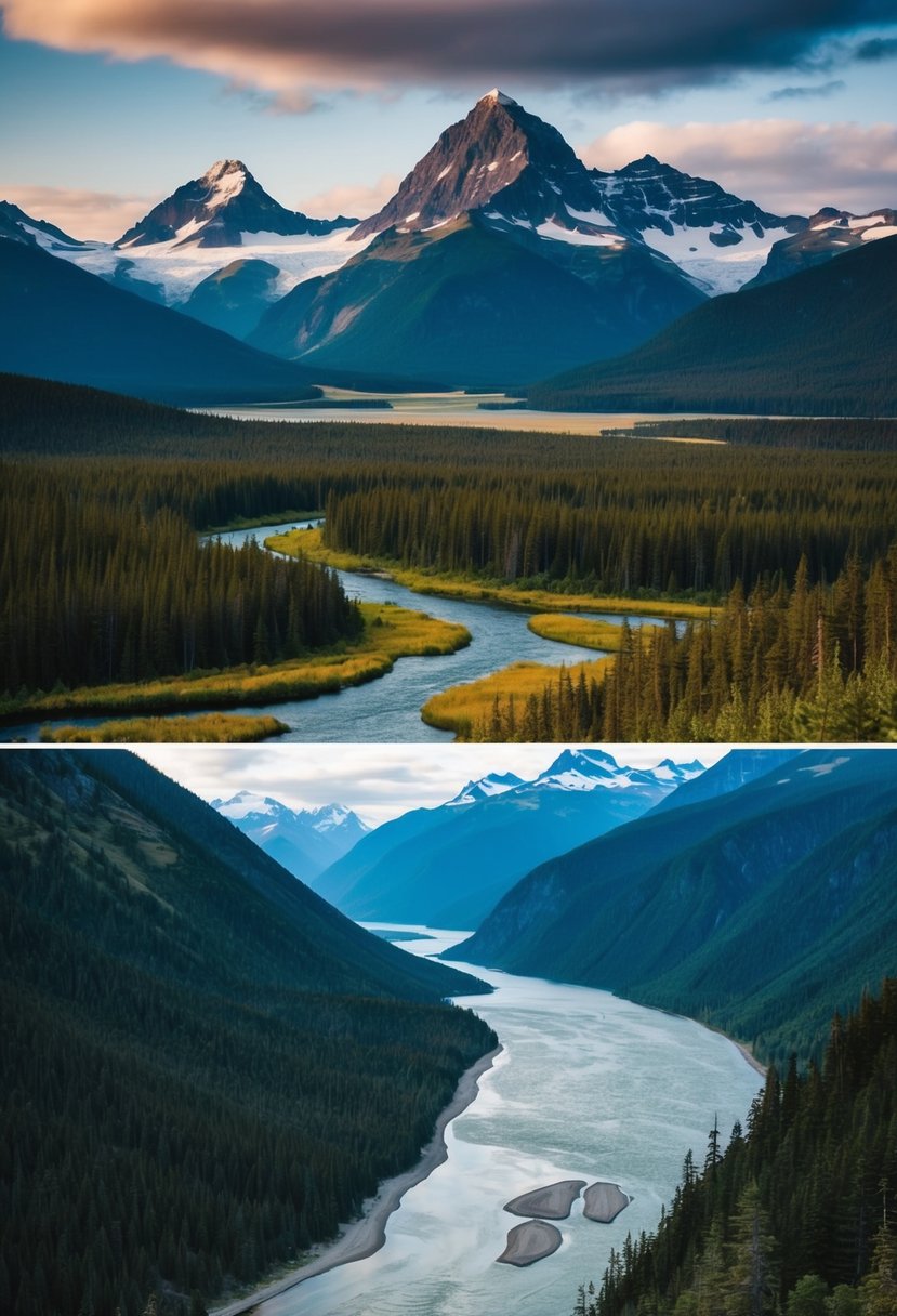 A vast, diverse landscape in Alaska's national parks: towering mountains, lush forests, meandering rivers, and abundant wildlife