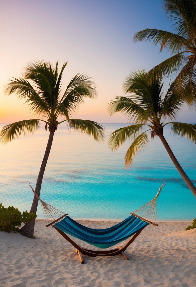 A serene beach at sunset with palm trees and a hammock, overlooking the crystal-clear ocean