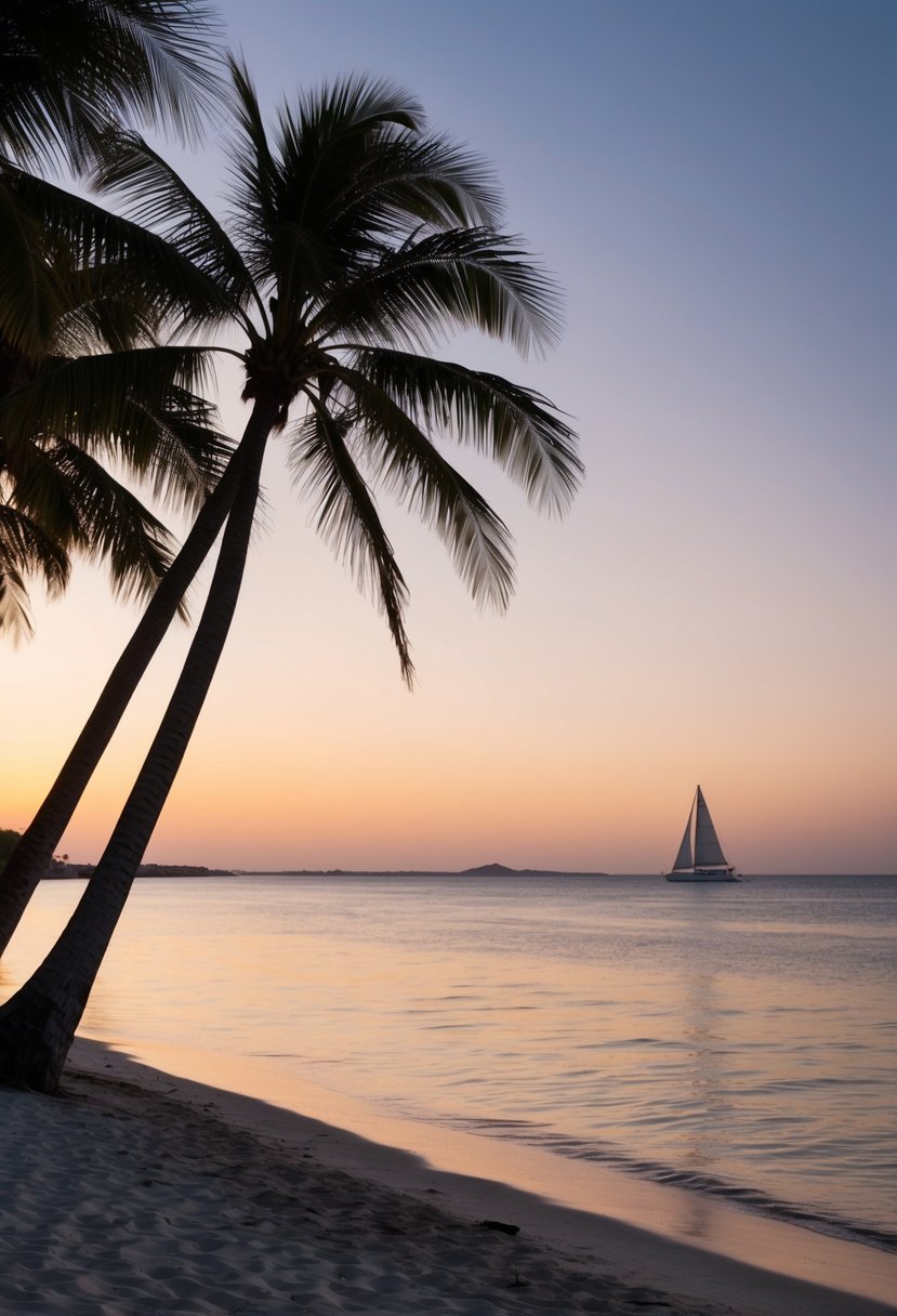 A serene beach at sunset, with palm trees swaying in the breeze and a distant sailboat on the horizon