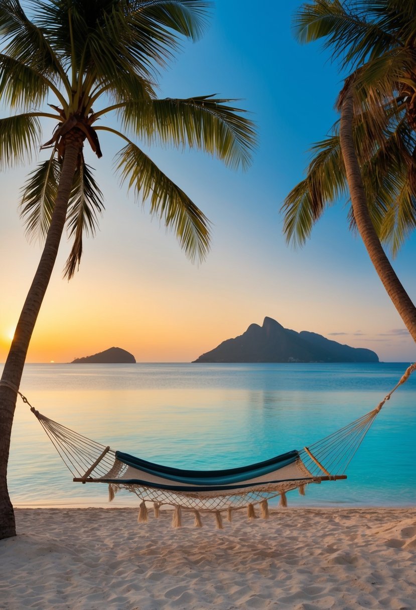 A serene beach at sunset with a hammock between two palm trees, overlooking crystal-clear waters and a distant tropical island