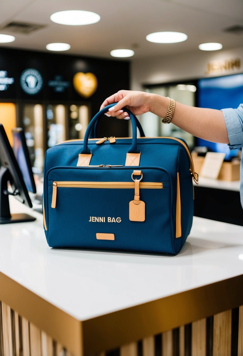 A durable and stylish travel bag with the brand name "Jenni Bag" being purchased at a customer support counter