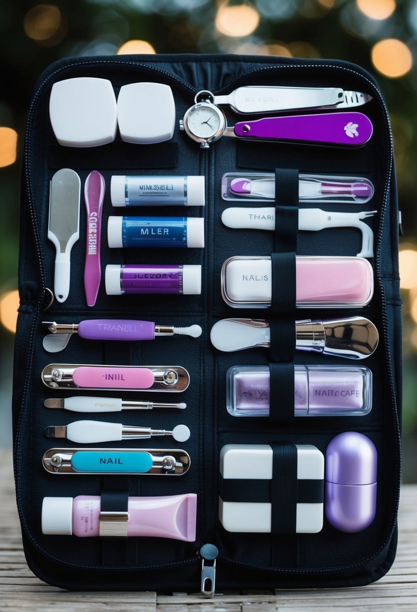 A collection of travel-sized nail care products and tools laid out on a compact and organized display, ready for use on the go