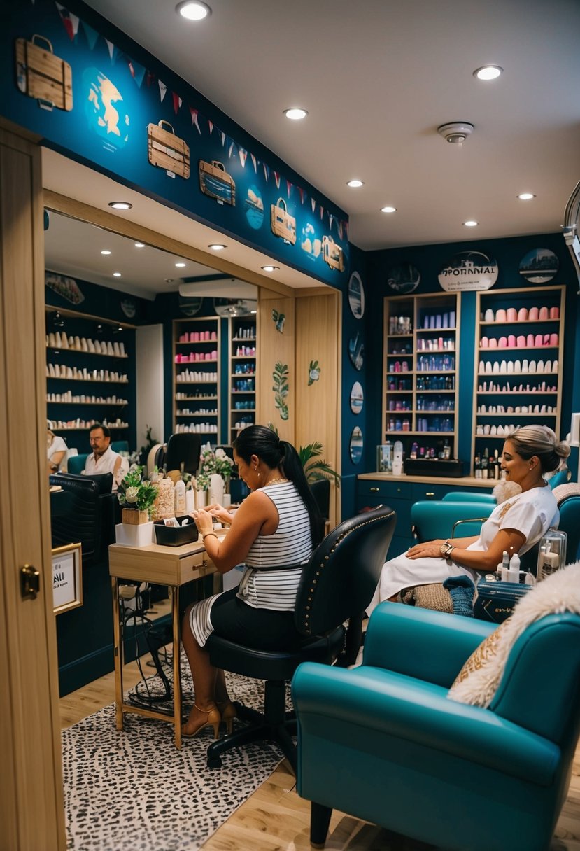 A cozy nail salon in the UK, with travel-themed decor and a variety of nail designs on display. A manicurist is seen working on a client's nails, while another client relaxes in a comfortable chair