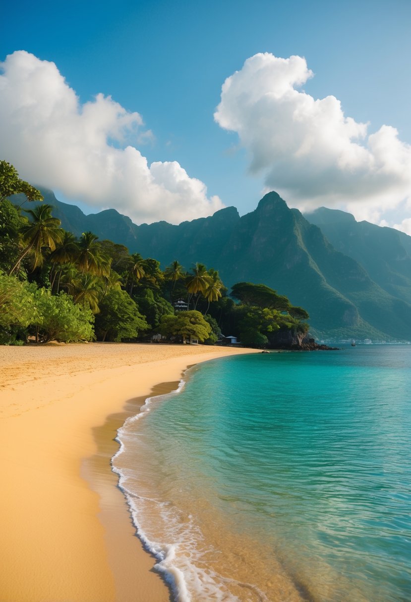A tranquil bay with golden sand, turquoise waters, lush greenery, and a backdrop of majestic mountains