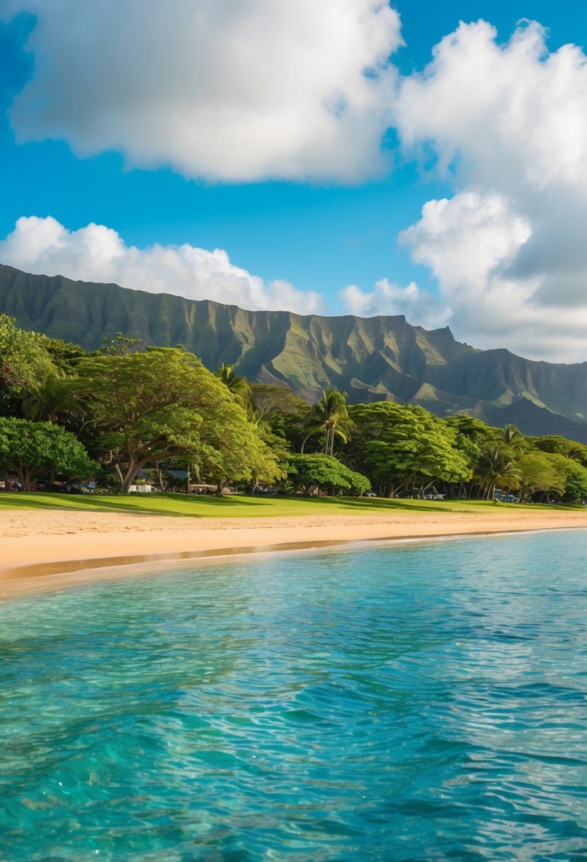 A serene beach scene with clear blue waters, golden sand, and lush greenery along the shore at Poʻipū Beach Park in Kauai