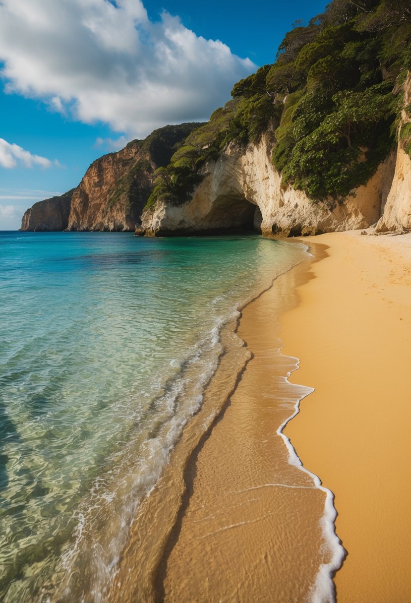 Crystal clear water meets golden sand at Tunnels Beach, with lush greenery and rugged cliffs in the background