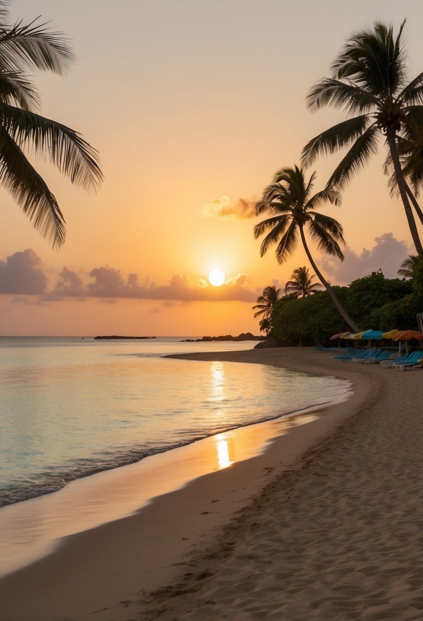 The sun sets over Anini Beach, casting a warm glow on the golden sand and calm, turquoise waters. Palm trees sway gently in the breeze, and colorful umbrellas dot the shoreline