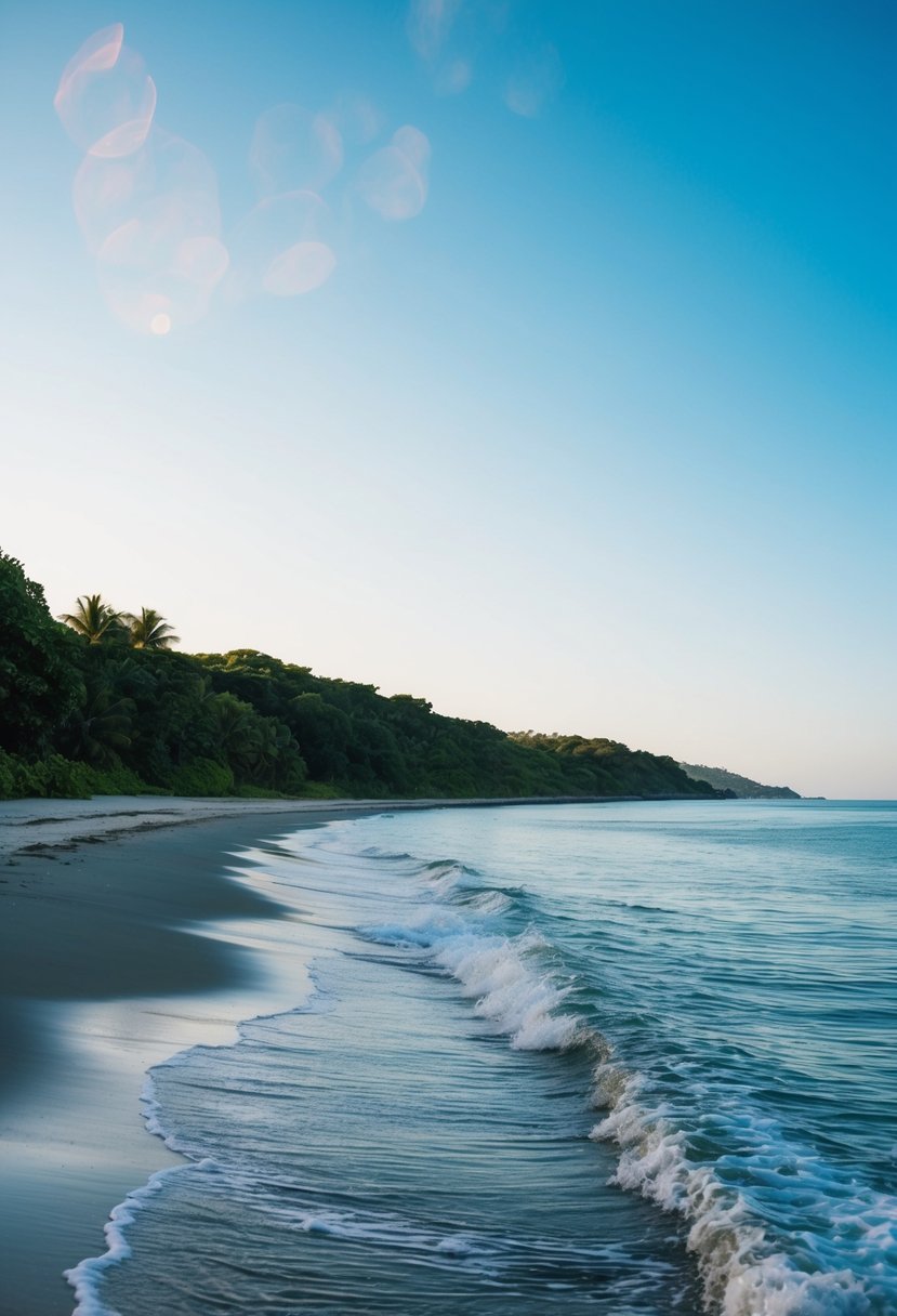 A serene beach scene with calm waves, clear blue skies, and lush greenery along the shore