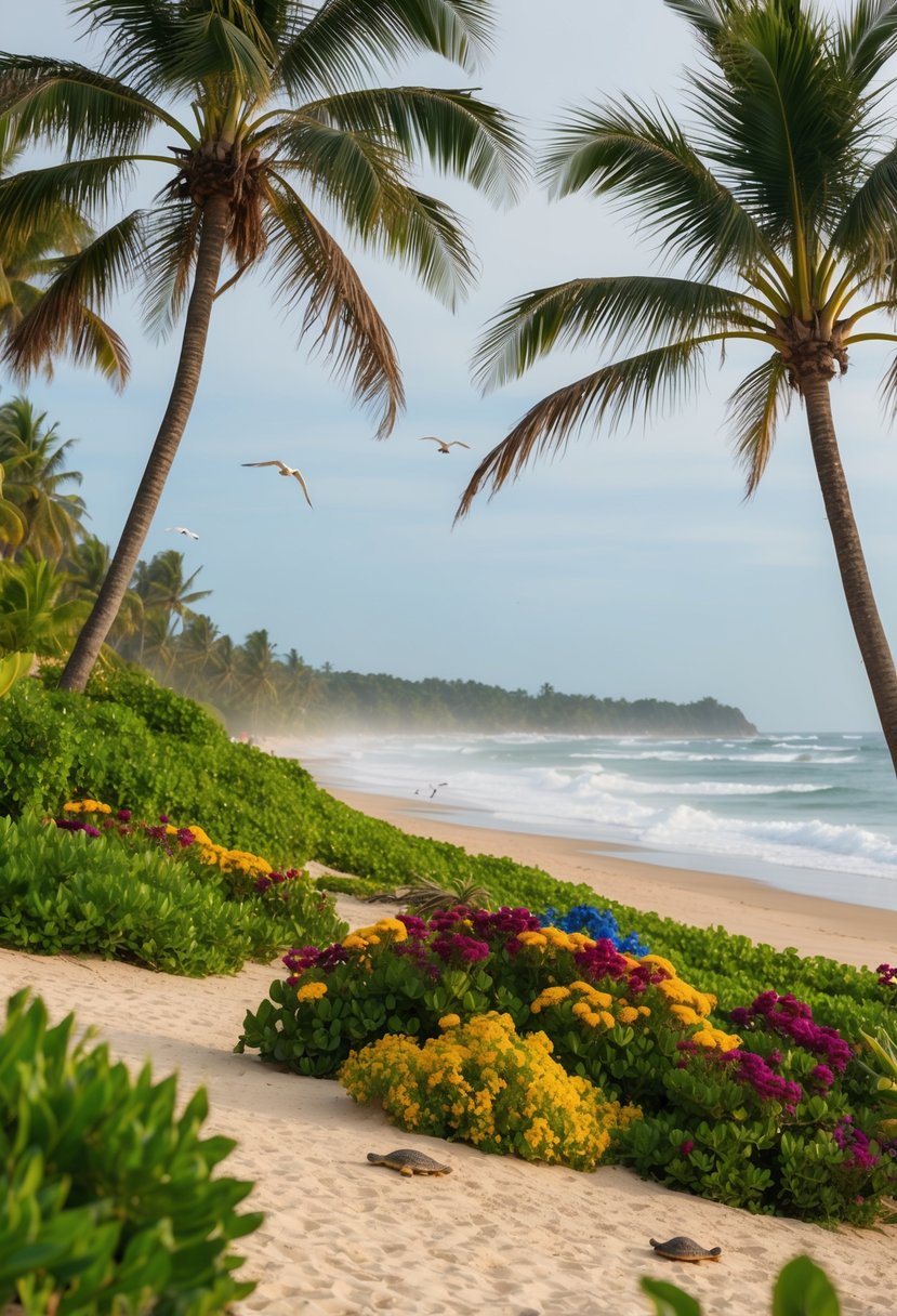 Lush greenery and colorful flowers surround a sandy beach, with palm trees swaying in the breeze and waves crashing on the shore. Wildlife, such as birds and sea turtles, can be seen in the distance