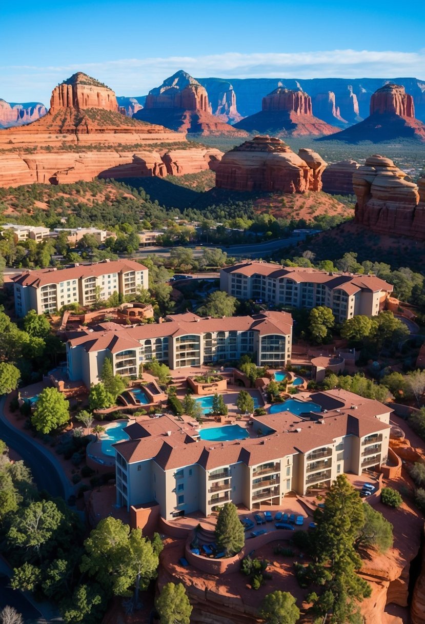 Aerial view of 5 luxurious resorts nestled among red rock formations in Sedona, Arizona. Surrounded by lush greenery and clear blue skies